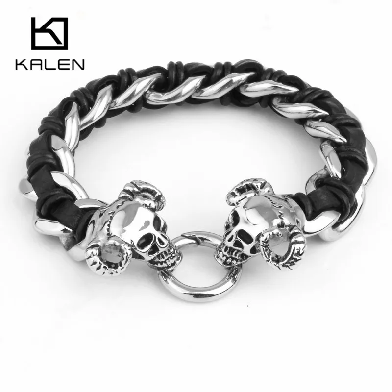 Новые ювелирные изделия 22 см из нержавеющей стали череп головы мужские браслеты с подвесками черные браслеты из натуральной кожи Панк готика подарки