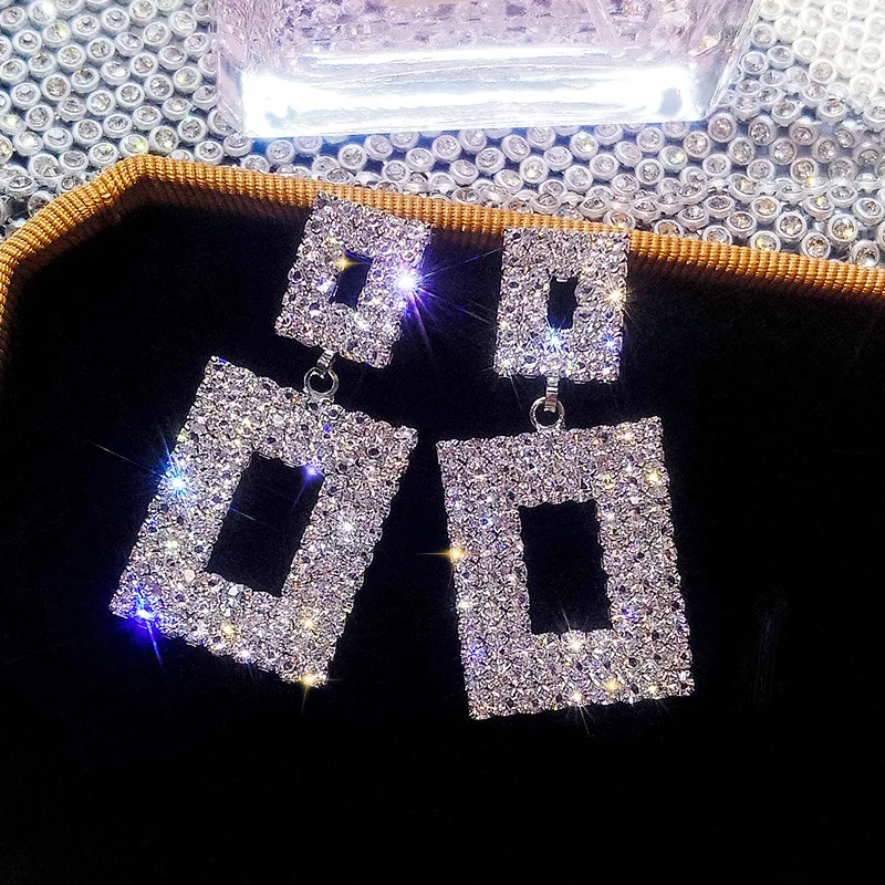 

2019 Bling Lxury Shining Crystal Drop Earrings Gold Silver Square Rhinestone Dangle Earrings for Women Wedding Party Jewelry