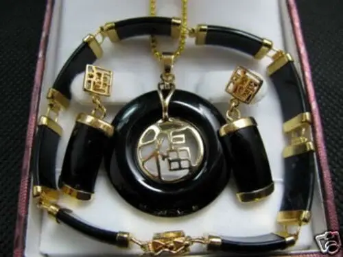 

Fine Black jade pendant necklace bracelet earrings sets
