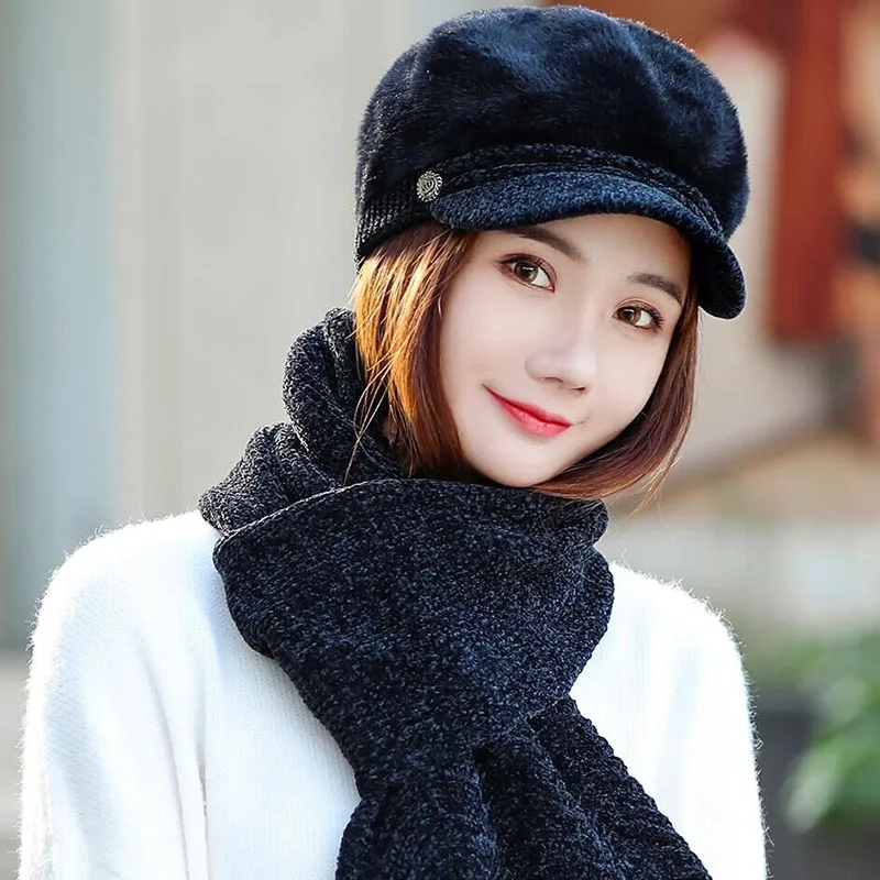 HANGYUNXUANHAO Women French Beret Hat Scarf Set Winter Warm Lady Hat Chenille Elegant Beanie Cap