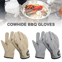 Outdoor Camping BBQ Gloves Cowhide Leather Gloves Heat Fire Resistant Mittens Warm Gloves For Baking Forge BBQ Oven Fireplace