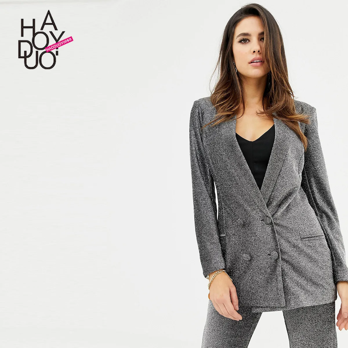 

Haoduoyi New Style Western Style Common Style Solid Color Simple Slim Fit Back Slit Double Breasted Suit Jacket