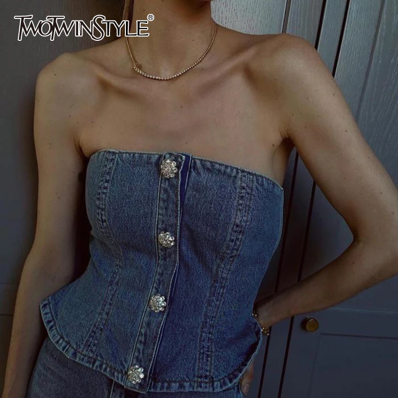 TWOTWINSTYLE Denim Crop Tops For Women Slash Neck Off Shoulder Backless Slim Shirts Female New Fashion Clothing Summer 2020 | Женская