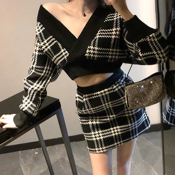 

COLOREE Spring Autumn 2020 Women Plaid 2pcs Set Runway Designer Long Sleeve Short Tops + Mini Skirt Fashion Two Piece Set Female
