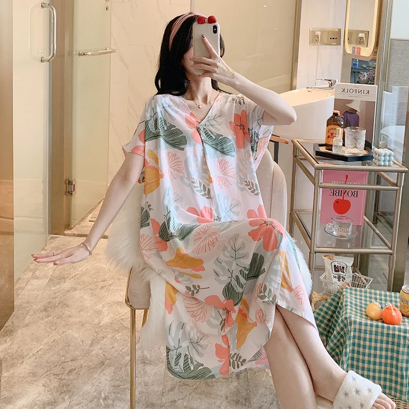 

Summer Women Nightdress Short Sleeved V Neck Nightgowns Floral Printed Casual Sleepwear Pyjamas Girls Sleepdress Female Homewear