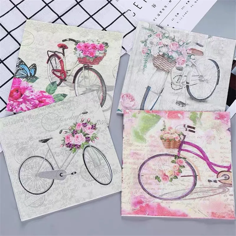 Cesta de flores para bicicleta, servilletas de papel temáticas, decoración de decoupage para fiesta de boda, pañuelos de madera virgen, 33x33cm, 10 Uds.