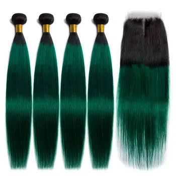 

ALIBELE 1B Green Ombre Straight Hair Bundles With Closure 2 Tone Colored Malaysian Remy Human Hair 3 4 Bundles with Lace Closure
