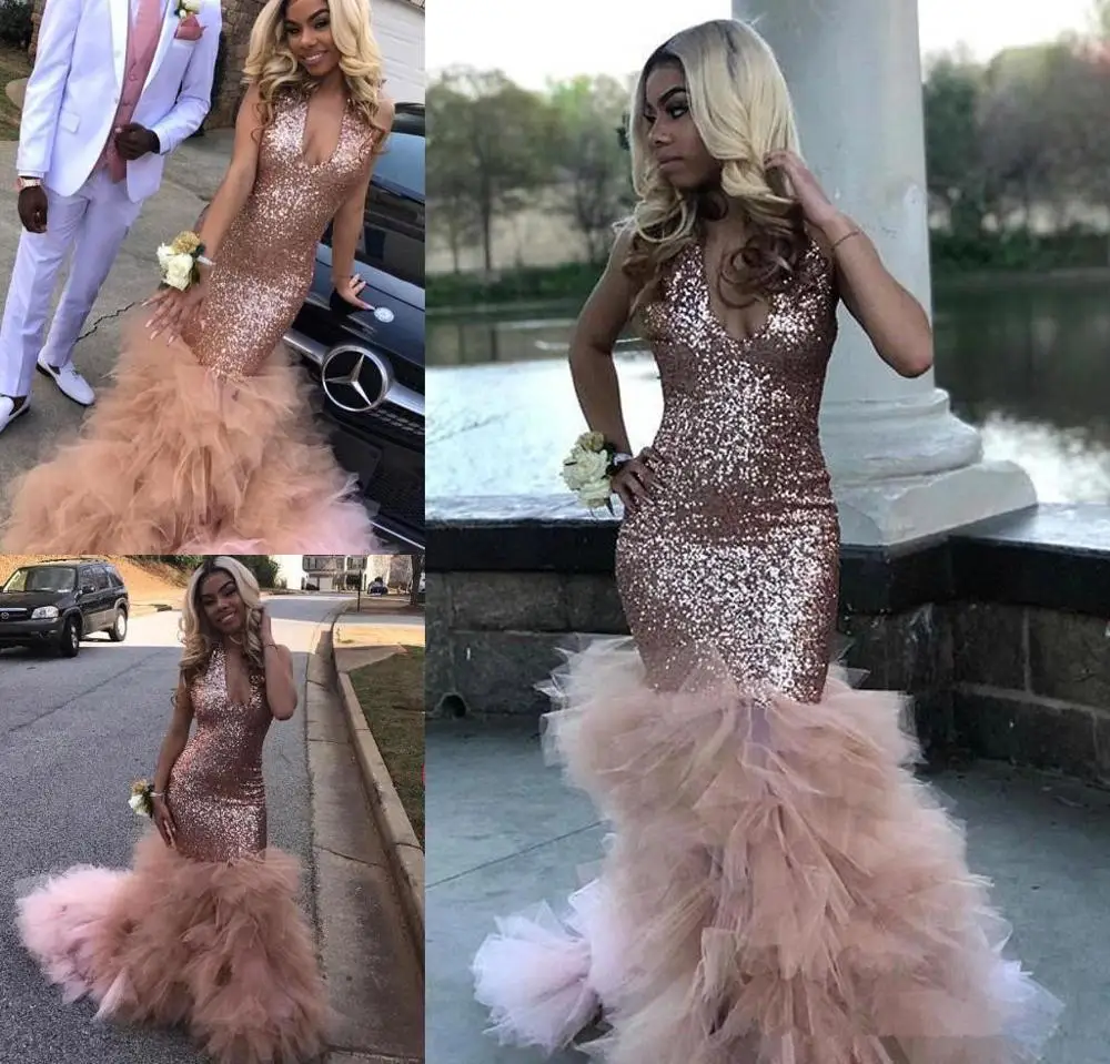 

African Sequined Prom Dress Rose Gold Formal Pageant Holidays Wear Graduation Evening Party Gown Custom Made Size 2020