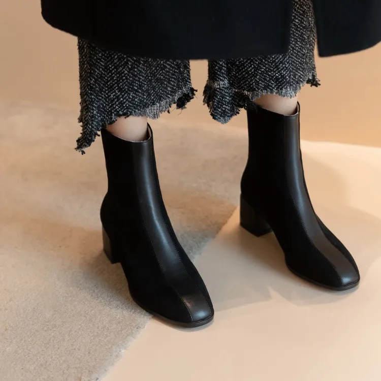 Женские ботинки новая осенне-зимняя модная женская обувь на среднем каблуке с квадратным носком на молнии, большие размеры 31-43, высота каблука 5 см, черный цвет