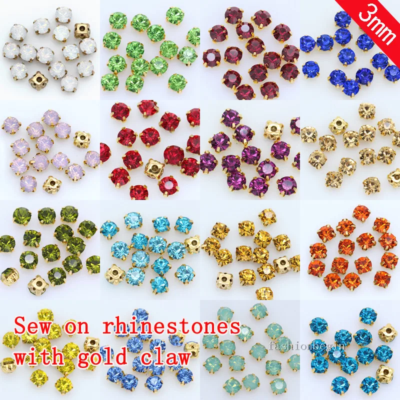 

100p 3mm color Sew on crystal glass Diamante Rhinestone jewels Gold Cup Claw Montees 4hole Sewing Stone Beads DIY craft clothes