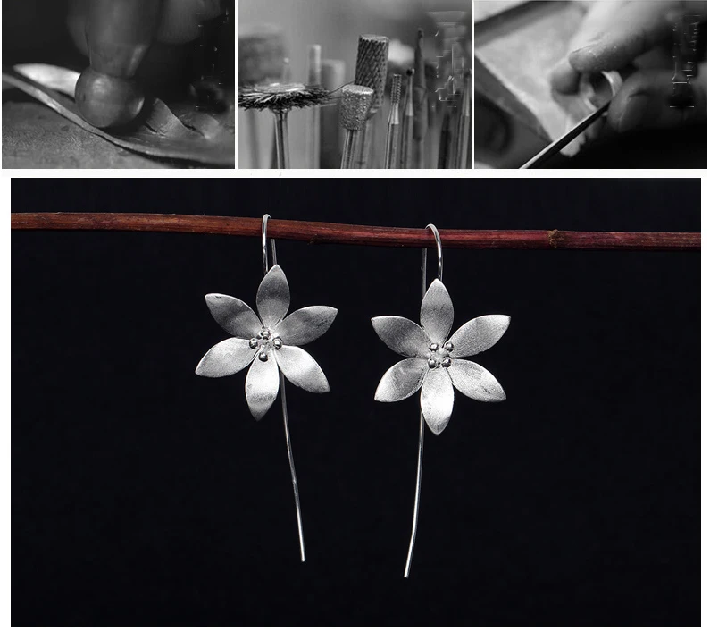 dangle earrings drop earrings flower earrings long earrings lotus earrings 925 Sterling Silver Long Lotus Flower Drop Earrings for Women Girs Fashion