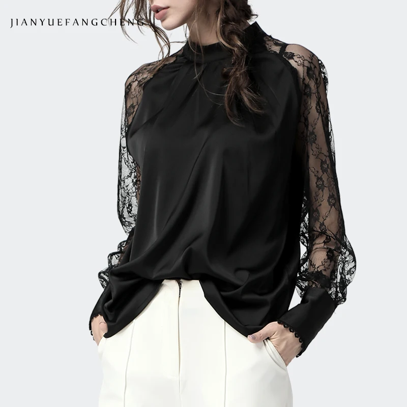 

Fashion Lace Spliced Women Satin Blouse Black Hollow Out Long Sleeve Stand Collar Tops Elegant Loose Plus Size Korean Autumn Top
