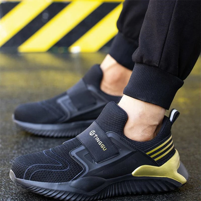

New Breathable Men's Safety Shoes Fashion Sneakers Anti Slip Comfy Casual Work Boots Puncture-Proof Lace Up Walking Flat Shoes