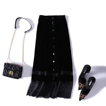 

Spring 2020 lace splicing silk single-breasted split skirts elegant show thin
