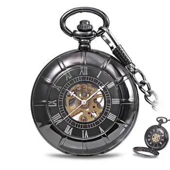 

Black Flower Hand-winding Mechanical Pocket Watch, Skeleton Roman Numberals Pocket Watch for Women Men