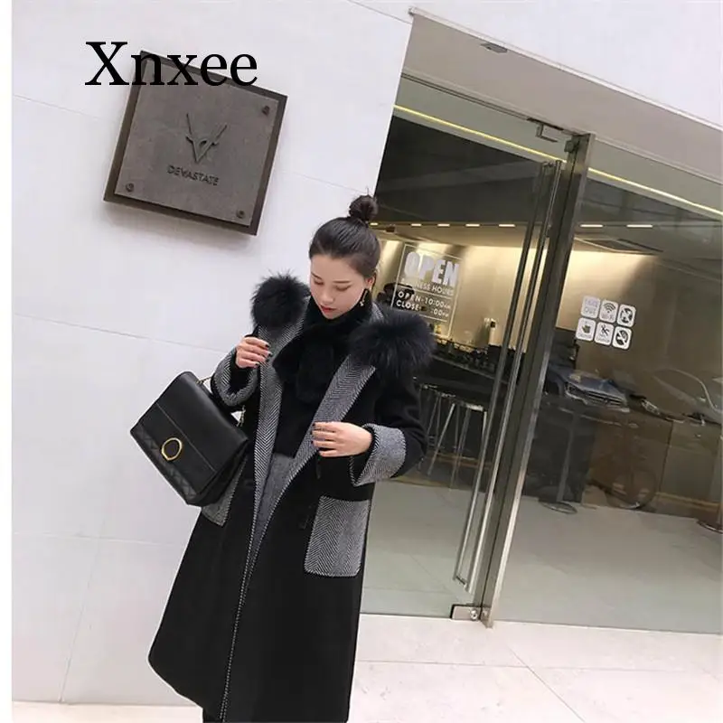 4xl 5xl размера плюс новое поступление корейский стиль женское лоскутное черное шерстяное пальто меховой воротник женские пальто зима