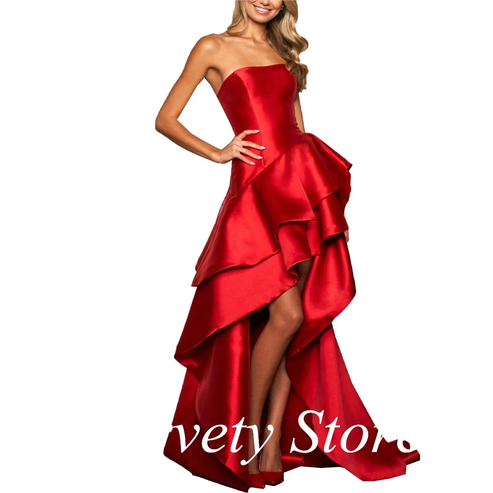 

Long Satin Prom Dresses Sweetheart Strapless Wedding Party Evening Guest Gown for Women High Low Sweep Train вечернее платье2022