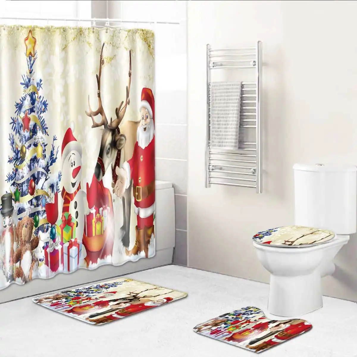 

Dust-proof and Absorbent Bathroom Set Christmas Features Non-slip Toilet Seat Shower Curtain Carpet Bathroom Mat Set with 12hook