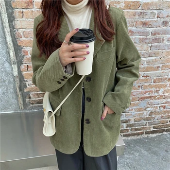 

Single Breasted Retro Thick Corduroy Blazer Long Sleeve Office Lady Blazer 2020 Women Outerwear Loose Suit Jacket Coats
