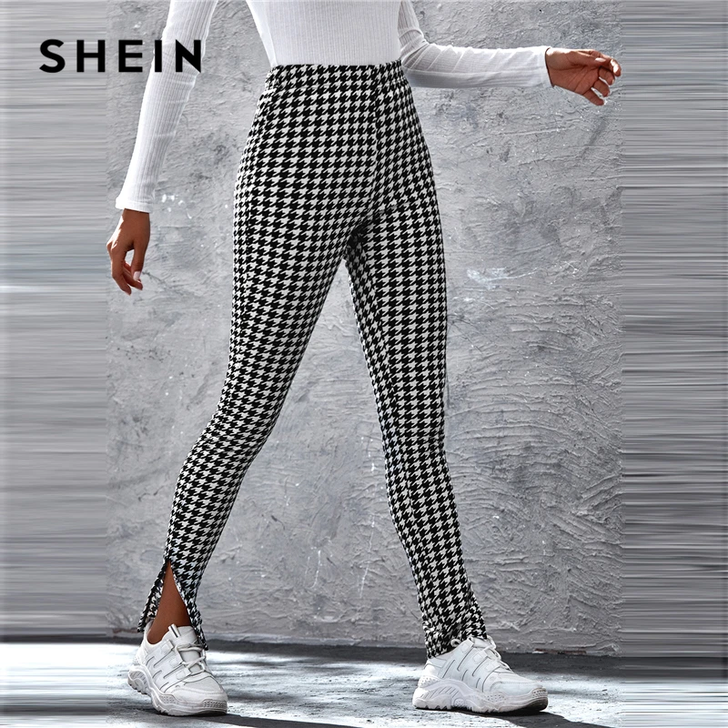 Casual Trousers Skinny-Pants SHEIN Houndstooth White Women Split-Hem Black Autumn Stretchy