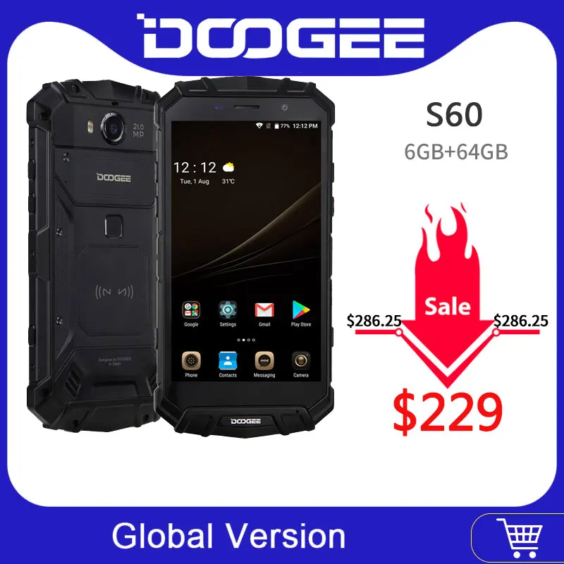 IP68 DOOGEE S60 беспроводной зарядный смартфон 5580 мАч 12V2A Быстрая зарядка 5,2 ''FHD Helio P25 Восьмиядерный 6 ГБ 64 Гб МП