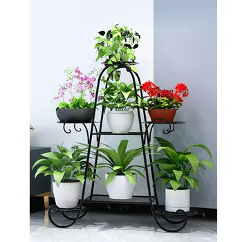 

7 Pots Multilayer Wrought Iron Indoor Plant Stand Flower Pot Holder Home Garden Display Plant Stand Shelf - (Black Round Tray) S
