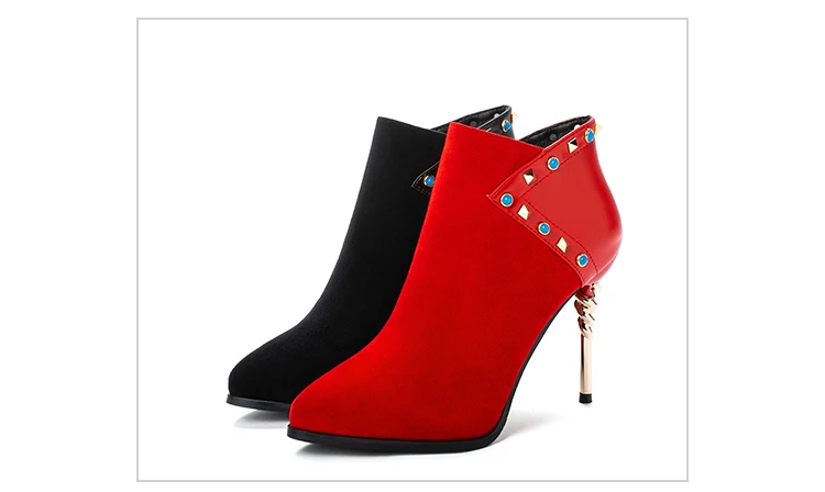 Ботинки; Новинка года; Дизайнерские ботильоны для женщин; искусственная кожа ПУ; острый носок; короткие заклепки; красная подошва; тонкий каблук; молния; botas mujer