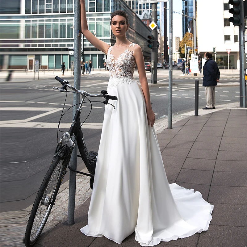

Booma High quality Gowns Wedding Dress Boho 2020 Lace Appliques with Chiffon Bride Dresses Suknie Slubne Plus size custom