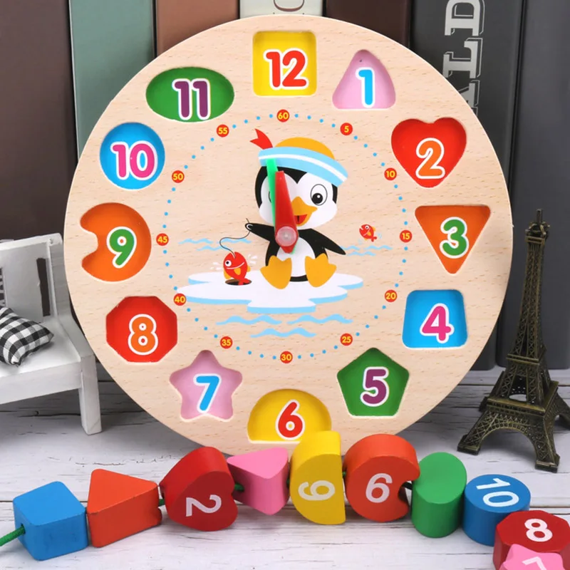  Digital Clock Geometry Blocks Wooden Cartoon Penguin Teaching Time Number Toy for Kids M09 - 4000461039218