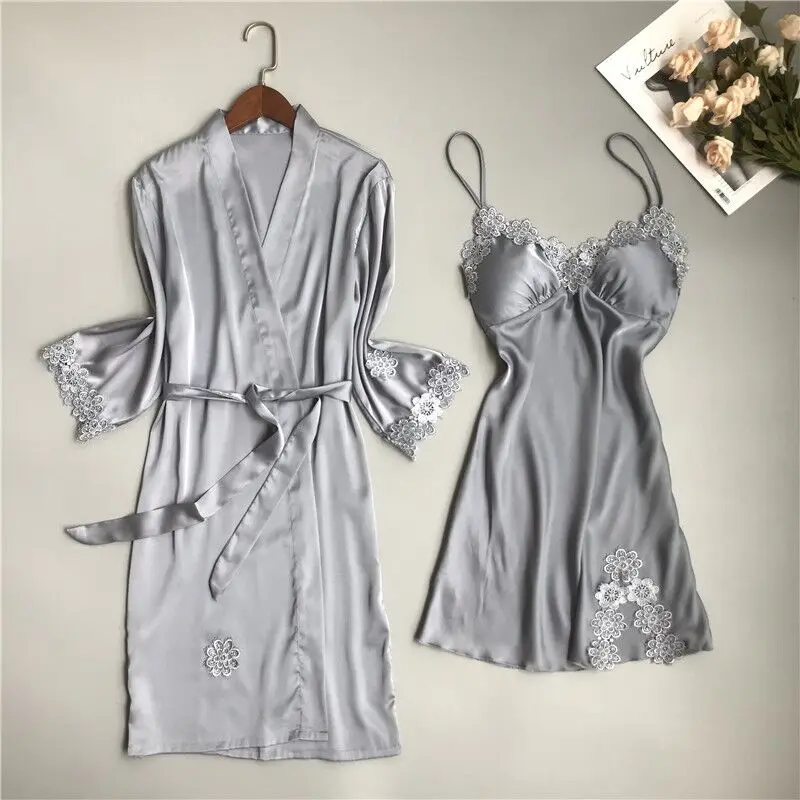 Осенне-зимняя женская ночная рубашка, комплект из 2 предметов, ночная рубашка, халат с нагрудной накладкой, женское атласное кимоно, банное платье, комплект одежды для сна - Цвет: Серый