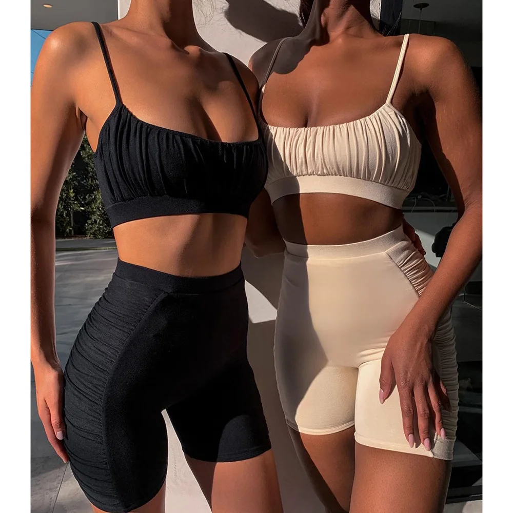 Women's 2020 Summer Sexy Leisure Solid Color Suit Top And Shorts Two Piece Set Woman Home Outfits Tracksuit |