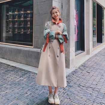 

[EWQ]Windbreaker Female 2020 Design Stitching Color Contrast Fashion Trench Coat New Casual Mid-length Spring Autumn Coat 3AC217