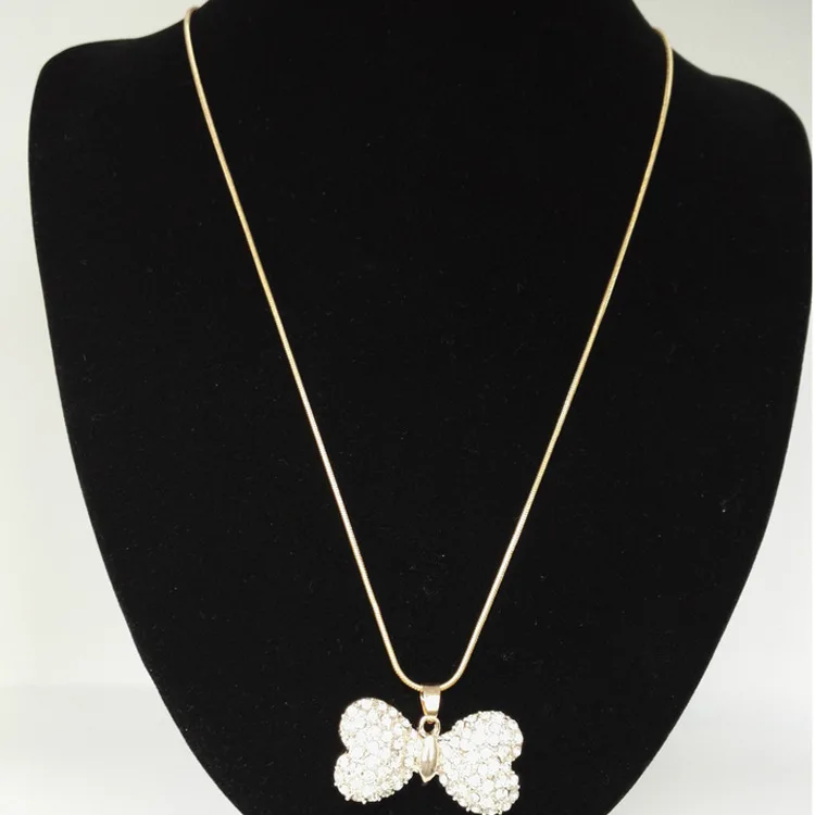 

Bow Full Diamond Pendant Snake Bone Chain Necklace Sweater Chain 2019