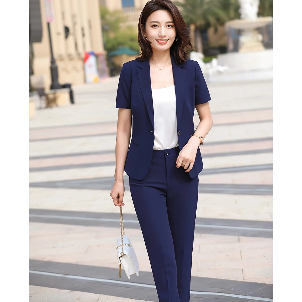 

New Women Blazer Formal 2020 Summer Business Short Sleeve Office Uniform Blazer and Pants Set Female Womens Suits Set 2 Pieces