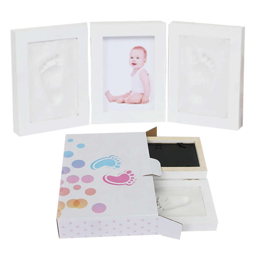 Moldura de Madeira Sólida para Bebê Impressão de Mão e pé Quadro para Recém-nascido Limpa Não-tóxica Três Dobras Porta-retrato 3 Molde p/ pés e mãos