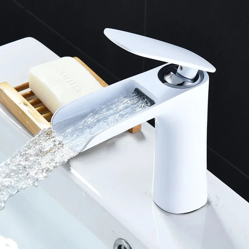LIUYUE Basin Faucets Brass White/Black Single Handle Bathroom Open-type Waterfall Basin Faucet Cold Hot Water Sink Mixer Taps