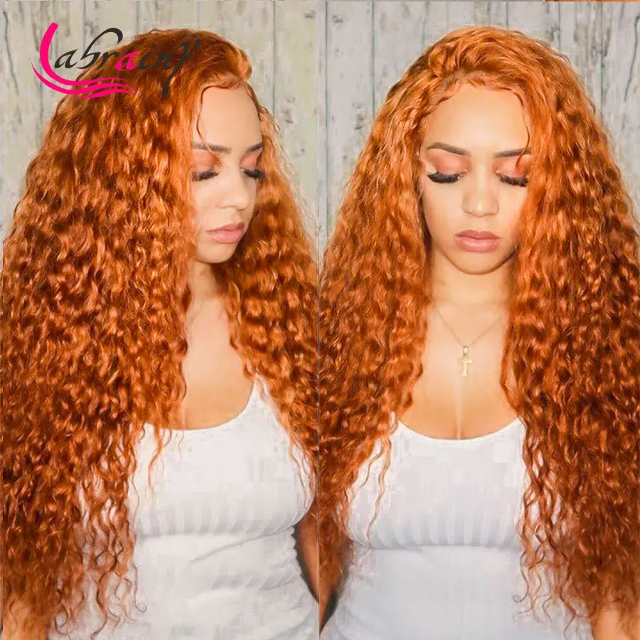 13x5 Orange Kinkly Curl Human Hair Wigs 40 Inch Ginger Deep Weave Hd