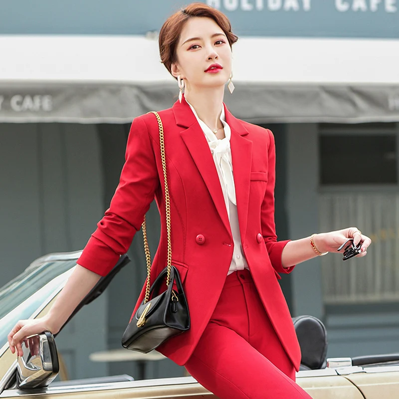 Lenshin 2 Piece Set Simple Formal Pant Suit Blazer with Pockets Office Lady Designs Women Single Breasted Red Jacket and Pant