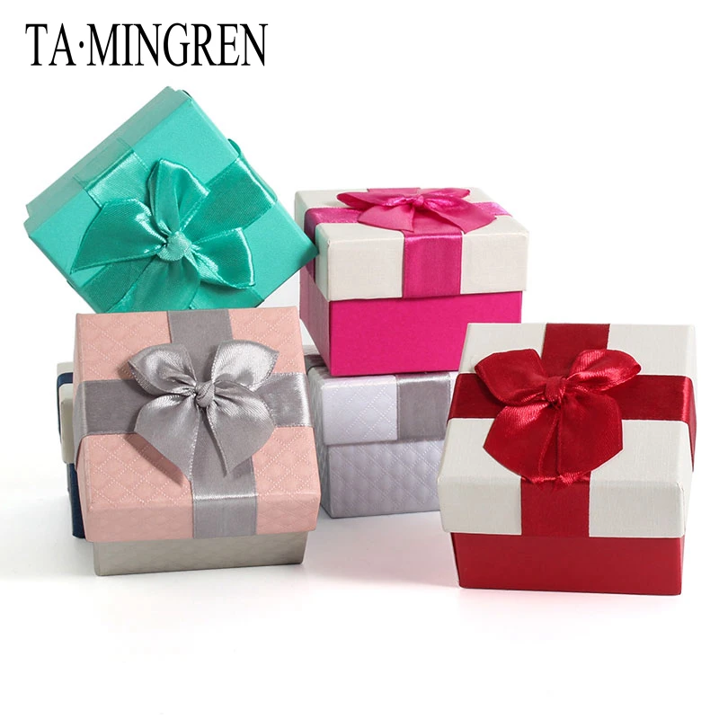 

New High-end Pink Ribbon Bow Paper Wedding Ring Box Earring Jewelry Storage Case Gift For Lovers 5 Colors Available