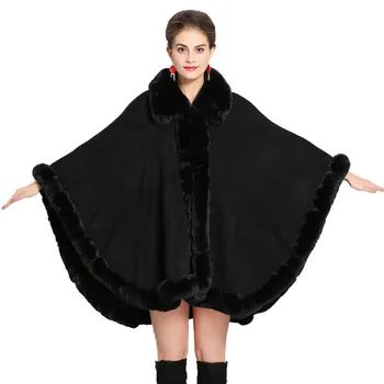 

Women Furry Cape Plus Size Knit Wrap Scarf Shawl Cape Coat With Luxury Faux Fur Collar Fashion New
