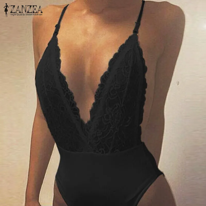 ZANZEA moda de verano Sexy mamelucos mono de mujer cuello V profunda sin mangas Spaghetti Correa vestido de mujer de encaje body liso