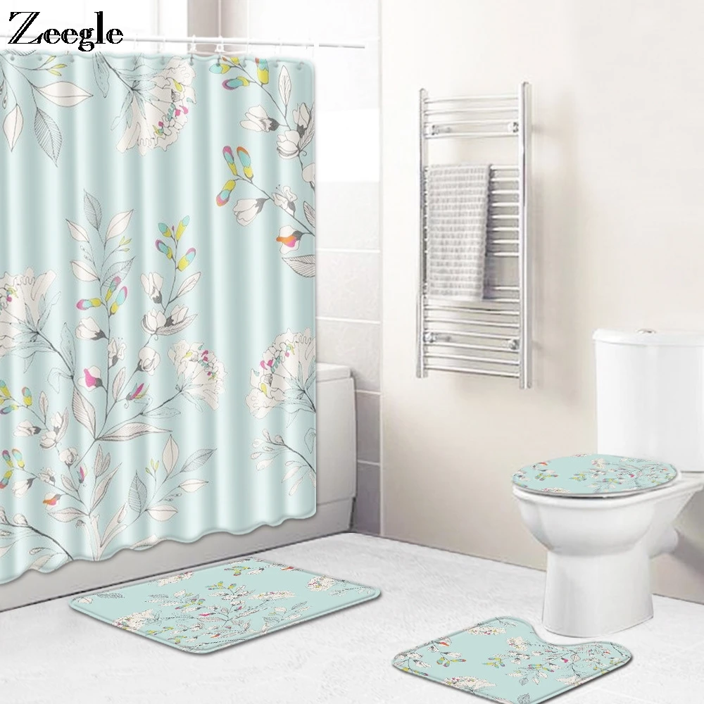 Zeegle 4PCS Bath Mat Set Shower Curtain Flannel Soft Toilet Seat Cover Mat Absorbent Toilet Pedestal Rug Foot Mat Bath Curtain