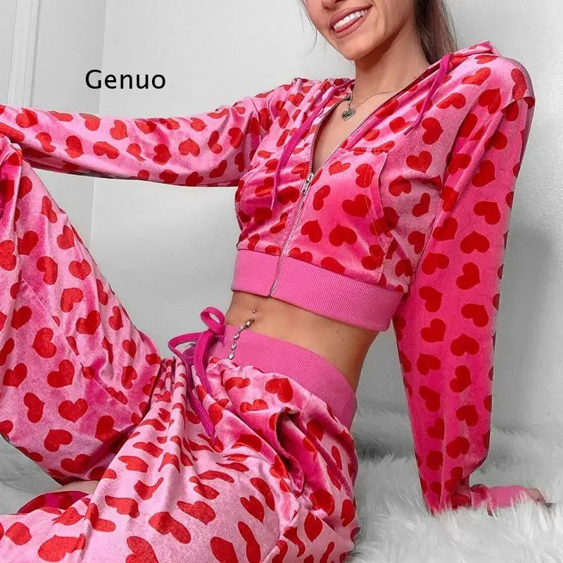 Spring/Fall Basic Tracksuit Velour Suit Zipper Up Heart