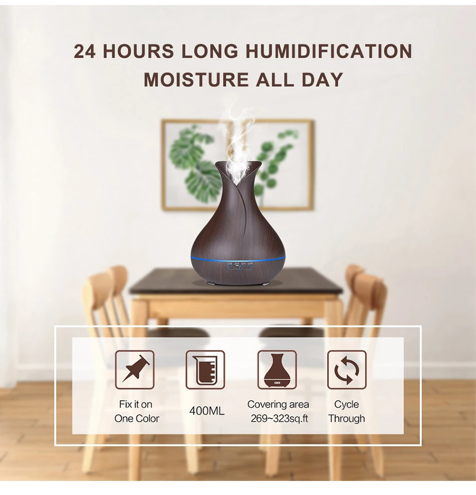 ebyson 400ml Aroma Essential Oil Diffuser Ultrasonic Air Humidifier with Wood Grain 7 Color Changing LED Lights for Office Home
