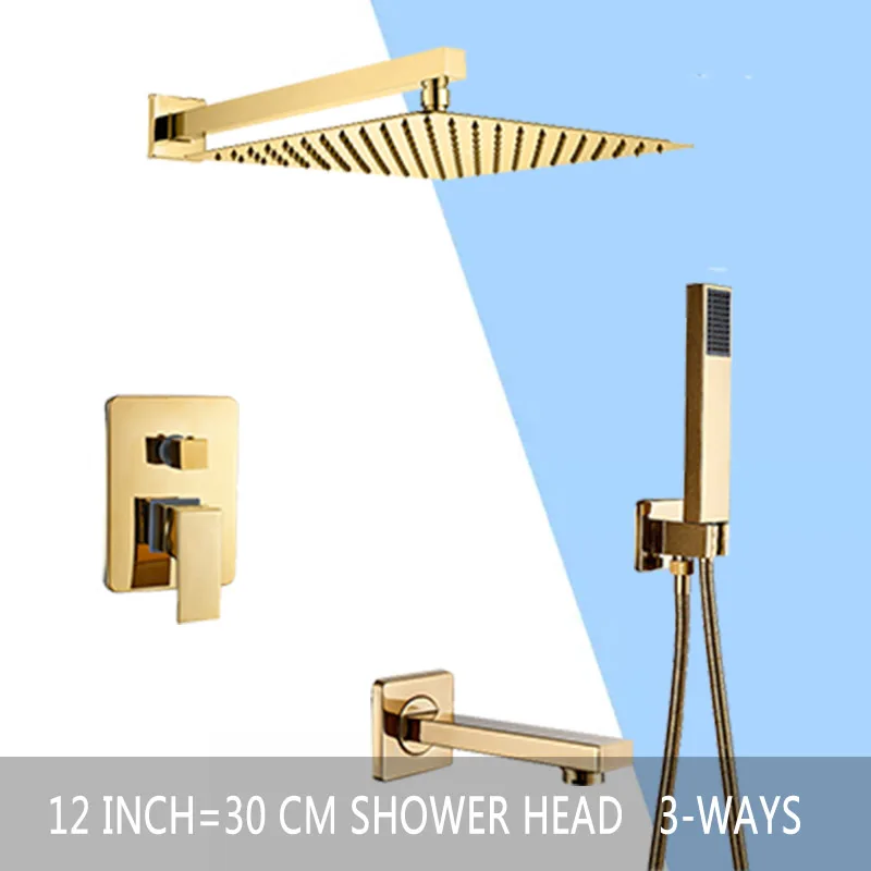 3 ways 12 inch Золотой Ванная комната душа комплект 3 канальный осадков Системы Настенный 8 10 12 ''Насадки для душа латунь Ванна Носик Смеситель для горячей и холодной воды - Цвет: 3 ways 12 inch