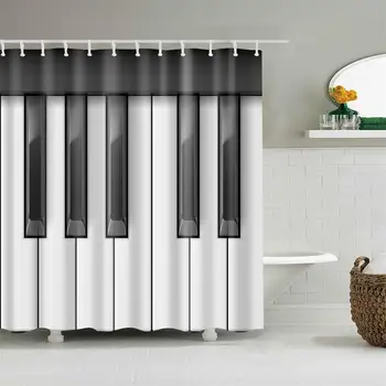 

Shower Curtain Set with Hooks Piano Key 3D Black and White Bathroom Decor Waterproof Polyester Fabric Bathroom Accessories Bath
