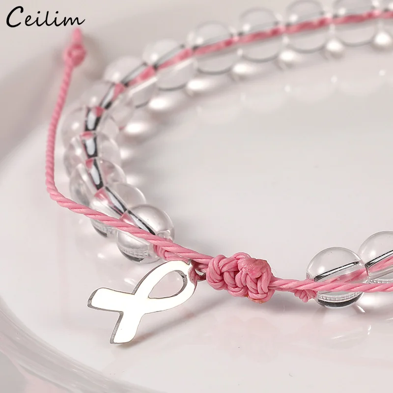 

2019 New Breast Cancer Awareness Bracelet for Women Pink String Stainless Steel Ribbon Charm Glass Bead Bracelet Wish Jewelry