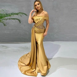 Elegant Gold Prom Dresses For Woman Off Shoulder Sleeveless Mermaid Party Gown Pleat Floor Length With Beading Robe De Soriee