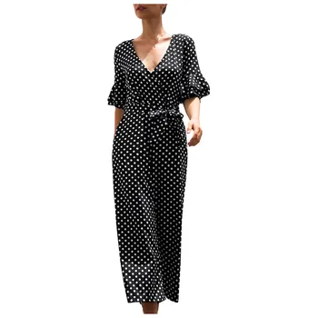 

2020 Women Casual Jumpsuit Romper Ladies Summer Wide Leg Jumpsuit Polka Dots Short Sleeve Jumpsuit Party Trousers Plus Size
