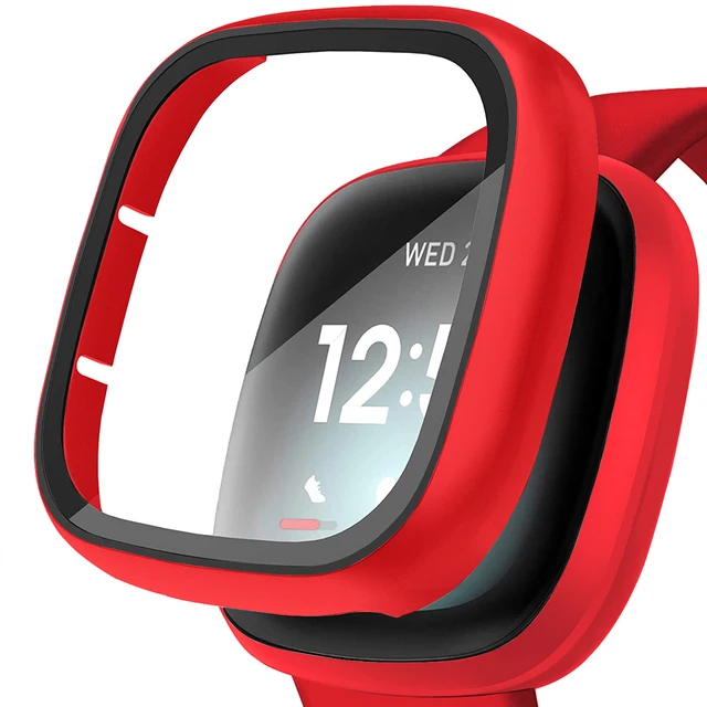 Ultra-Thin Glass Screen Protector Compatible With Fitbit Versa 3/Sense Soft Protective Case All-Around Full Cover Bumper Shell Red